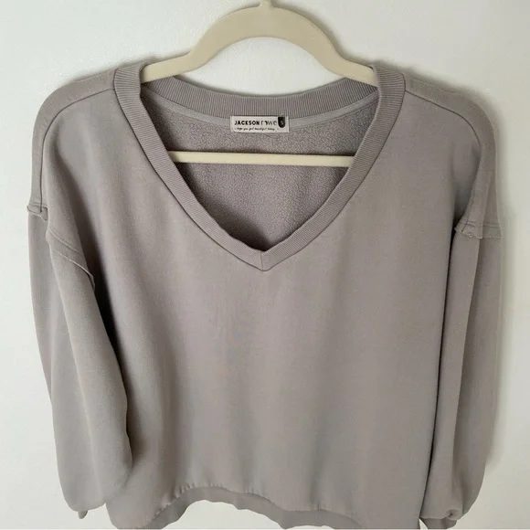 Jackson Rowe Relaxed V-Neck Sweater in Taupe - Picture 8 of 10